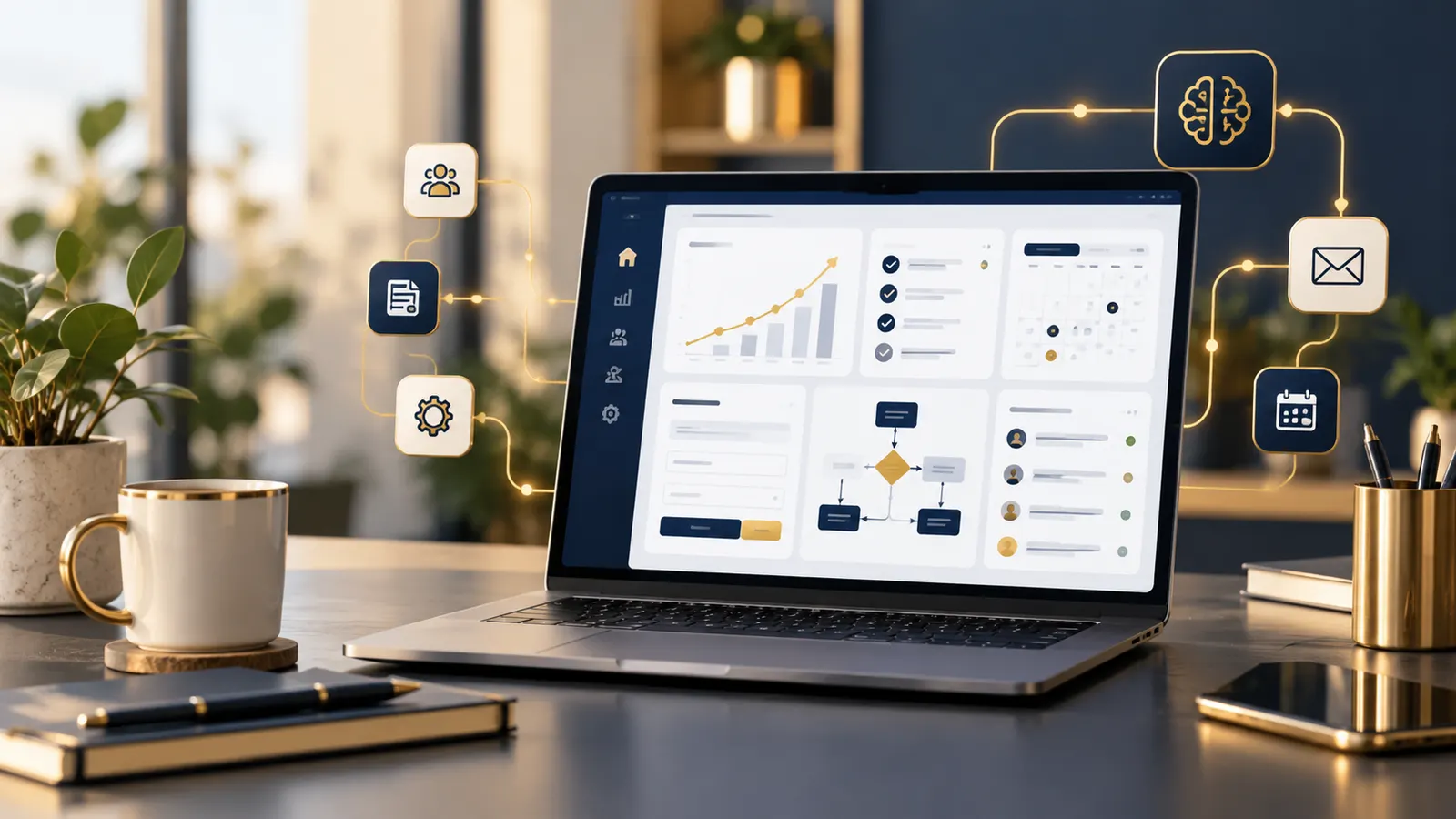 Laptop showing a small-business client intake dashboard with workflow, scheduling, and follow-up steps organized in one place